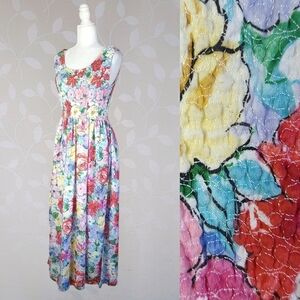 Vintage Pipe Dreams Watercolor Floral Midi Dress Sleeveless Shirred Scoop Neck M